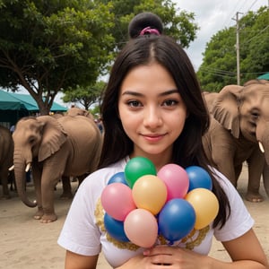 A girl with a zoo, many balloons, happy, happy, perfect quality, clear focus (clutter-home: 0.8), (masterpiece: 1.2) (Realistic: 1.2) (Bokeh) (Best quality) (Detailed skin: 1.3) (Intricate details) (8K) (Detail eyes) (Sharp focus), (Happy),elephant