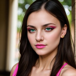 Photo of Ukrainian woman. Fits the face. 25 years old, sharp chin, raw photo, masterpiece, highly detailed photo, DSLR, photorealistic 3.9, ultra high resolution, top quality, pink lips, perfect makeup, big, bright green eyes, white