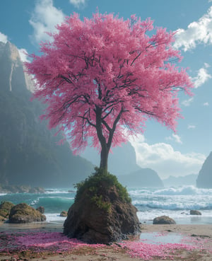 an amazing pink tree on a rock on the beach, in the style of realistic depiction of light, passage, faith-inspired art, abandoned spaces, light-filled scenes, immersive environments, flower and nature motifs --ar 14:25