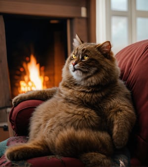 A fat, pot bellied cat with messy fur, a slob, sitting in a recliner, drinking beer and eating potato chips, a slob, a fireplace, smiling bright auras of light in the background, sunlight details, depth of field, excellent details, charming, cartoon, cinematic light effect, charming, 3D, cute and whimsical, fantasy, bokeh, freehand drawing, digital painting, soft lighting, full-length character focus, 4K resolution, photorealistic rendering, high-quality details, vector image, photorealistic masterpiece, professional photography, floral background, isometry, bright vector, using cinema,chibi