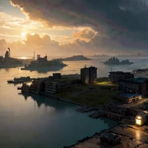 Realistic scenery, hyper detailed, post apocalyptic, mostly covered by water, an artificial island, detailed, super quality, high quality, full of buildings, destroyed buildings, finished, more darkness, dark scenario, post apocalypse, fog, darker, without many trees