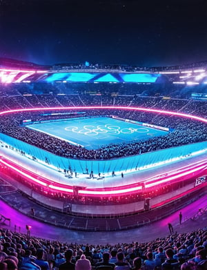 a surreal and vibrant digital illustration of the Olympic Games, (best quality,4k,8k,highres,masterpiece:1.2),ultra-detailed,(realistic,photorealistic,photo-realistic:1.37),HDR,UHD,studio lighting,extreme detail description,professional,vivid colors,bokeh,cinematic lighting,dramatic shadows,dynamic composition,dramatic camera angle,epic scale,futuristic architecture,glowing energy fields,floating holographic displays,dynamic crowd of athletes,dynamic sports action,stunning aerial view of Olympic stadiums and venues,sweeping panoramic landscape,dramatic lighting and color palette