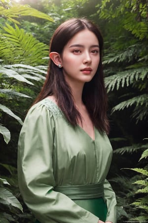a beautiful female elf with long silver hair, piercing emerald green eyes, delicate facial features, slender pointed ears, wearing a flowing green dress, standing in a lush forest with tall trees, sunlight filtering through the leaves, fantasy landscape, (best quality,4k,8k,highres,masterpiece:1.2),ultra-detailed,(realistic,photorealistic,photo-realistic:1.37),fantasy,portrait,digital art,intricate details,cinematic lighting,vibrant colors