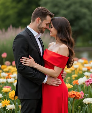 man and woman hugging, the woman has a red pencil drees and the man has elegant clothes in the background a garden full of yellow, white, orange, pink flowers