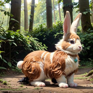 a rabbit with long fluffy rabbit ears, cute bunny, detailed fur texture, adorable animal, rabbit in the forest, forest background, nature scenery, (best quality,4k,8k,highres,masterpiece:1.2),ultra-detailed,(realistic,photorealistic,photo-realistic:1.37),HDR,vivid colors,soft lighting