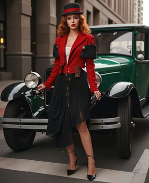 masterpiece, pale skin, red lips, light eyes, eyeshadow, front shot a beautiful red-haired woman with medium curly hair standing on the street holding a Thompson drum M1928A1, behind her a 1928 Cadillac Town Sedan left green, she wears a mafia suit with red and black colors, Skirt and jacket on her shoulders in mafia style, she also wears a hat, garter holder and heels, very detailed body, detailed car and clothes, chiaroscuro, natural daylight, highly detailed, her and the car focused on the image