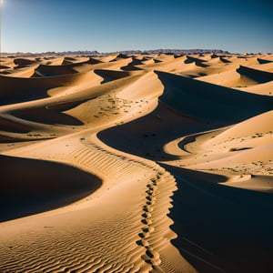 a vast desert landscape, towering sand dunes, a warm golden sunset, an oasis in the distance, a lone figure navigating the dunes, barren yet beautiful terrain, shifting sands, a sense of isolation and tranquility, an otherworldly atmosphere, minimalistic composition, soft and warm color palette, dramatic light and shadows, textured sand patterns, a feeling of endlessness, a touch of mystery and exploration, fine art photography, high resolution details, realistic and immersive experience