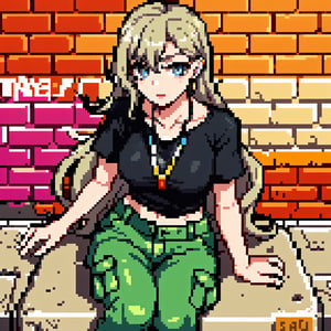 French girl,grey blonde hair(very long hair, curly_hair),hiphop dancer,wearing all black clothes (short sleeves loose fit top and cargo pants),sneakers, sitting at red brick wall(graffiti ),accessories(necklace,ear_rings),Best Quality, 32k, photorealistic, ultra-detailed, finely detailed, high resolution, perfect dynamic composition, beautiful detailed eyes, sharp-focus, cowboy_shot, 