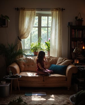 living room, couch, window, curtains, dappled sunlight, potted plant, table, cabinet,bookshelf, paper, desk lamp, typewriter, girl sitting on sofa