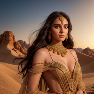 a beautiful desert princess, intricate detailed face, piercing eyes, flowing hair, delicate gold jewelry, ornate desert dress, desert landscape background, golden hour lighting, cinematic atmosphere, dramatic lighting, vibrant colors, highly detailed, 8k, photorealistic, digital art, concept art

