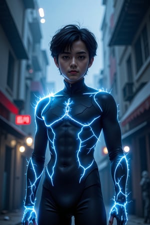 (17-year-old young man in soul body with blue and black lightning particles emitting around it), 3D rendering, movie special effects, movie lighting, city in ruins, clear HD, 8K resolution, very detailed, digital painting, concept art, Shinkai Makoto style, pop popularization trend, pop, pop trend, pop trend on pixiv.