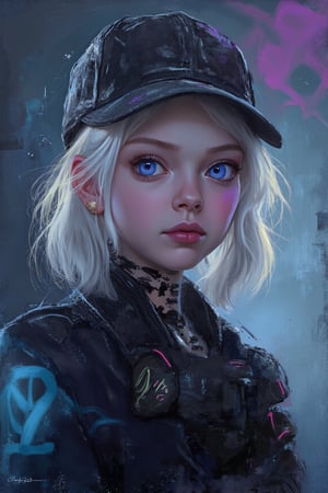 masterpiece, best quality, 4k, UHD, mishoujo, painting, beautiful eyes and detailed face, illustration, beautiful detailed, high resolution illustration, glowing_white_particles, 1girl, white hair, light purple eye, hair over one eye, short sidetail, baseball cap,expressionless, window shade, black jacket, chest rig, cyberpunk, techwear,(Impressionism:1.4), Vincent van Gogh