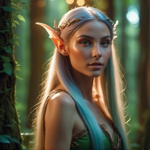 a beautiful elf woman, detailed facial features, long pointy ears, ethereal glowing skin, long flowing hair, elegant posture, detailed clothing, fantasy forest background, magical glowing lights, cinematic lighting, vibrant colors, digital art, intricate details, 8k, photorealistic