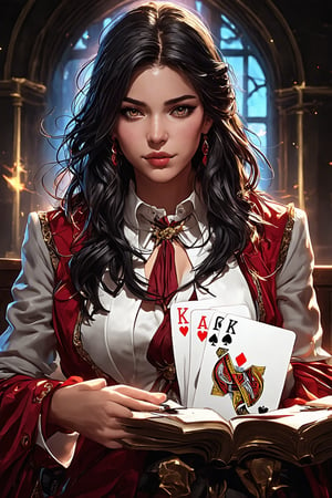 a detailed fantasy card game, 1 player, detailed deck of cards, detailed player character, detailed fantasy background, highly detailed fantasy environment, cinematic lighting, dramatic atmosphere, vibrant colors, dynamic composition, digital art, concept art style, photorealistic, (best quality,4k,8k,highres,masterpiece:1.2),ultra-detailed,(realistic,photorealistic,photo-realistic:1.37),sd3,girl