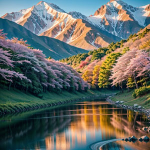 Deep forest, distant mountains, flying birds. Two-dimensional style, bright and vibrant, cherry blossoms cover the mountainside, the sunrise can be seen in the distance, a stream meanders, there are a few daffodils on the bank, the sunrise