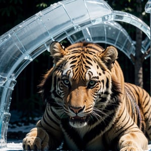 tiger in a glacial,(best quality,4k,8k,highres,masterpiece:1.2),ultra-detailed,(realistic,photorealistic,photo-realistic:1.37),wild animal, majestic creature,ice sculptures, sparkling snow, majestic mountains, frigid atmosphere, ice crystals, glistening icicles, dense forest in the background, piercing eyes, ferocious presence, frozen landscape, serene silence, icy blue color scheme, subtle lighting,add