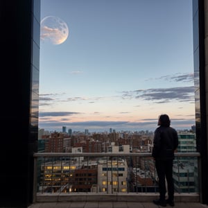 Person Standing on the Rooftop,urban scenery,nighttime scene,bricks,concrete,modern architecture,city lights,hazy atmosphere,(best quality, 4k, 8k, highres, masterpiece:1.2),ultra-detailed,realistic,photorealistic:1.37,high-rise buildings,tall skyscrapers,distant horizon,glowing moon,star-filled sky,circular shape windows,shadows,lonely figure,silhouette,windy,blowing hair,elevation,rooftop edge,reflection,mysterious vibes,serene,quiet,serendipitous moment,peaceful solitude,distant sounds of the city.