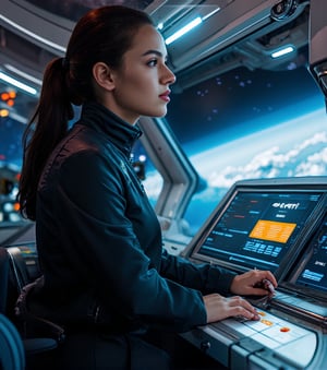 a deputy captain in a spaceship, highly detailed, 8k, photorealistic, cinematic lighting, dynamic pose, breathtaking composition, seamless blending of futuristic elements, vibrant colors, glossy metallic surfaces, advanced technology, sleek and modern design, intricate control panel, holographic displays, glowing energy fields, vast cosmic backdrop, sense of awe and wonder