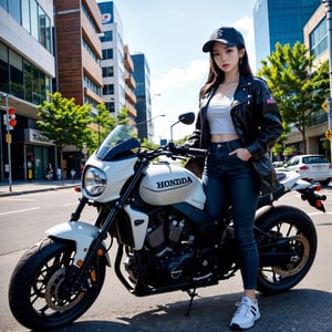 ８K,realistic photo、realistic skin texture、A beautiful Japanese woman living in America rides a Honda motorcycle、Dirty long coat、Shotgun sling on shoulder、baseball cap、high cut sneakers、Debris-strewn downtown、sunny、cool composition、