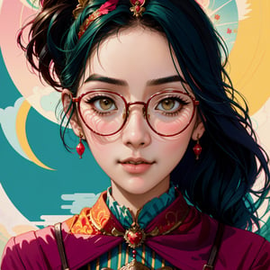 A beautiful portrait of juliachang in a whimsical and colorful circus setting, featuring intricate details and a retro aesthetic, glasses, created in the art style of Conrad Roset and Jeremy Lipkin