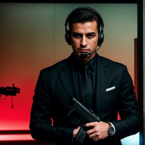 a secret agent in a high-tech spy headquarters, wearing a sleek black suit, holding a silenced pistol, with intense focused eyes and a calm demeanor, surrounded by advanced surveillance equipment and computer screens, surrounded by a team of highly trained fellow agents, communicating through earpieces, with a mission to infiltrate a top-secret facility, with a gritty and realistic artistic style, featuring vibrant and bold colors, illuminated by dramatic and dynamic lighting, capturing the suspense and excitement of espionage (best quality, ultra-detailed, realistic:1.37), high-tech materials, detailed textures, sharp focus, professional artwork, intense shadows, contrasted highlights, cool color tones.