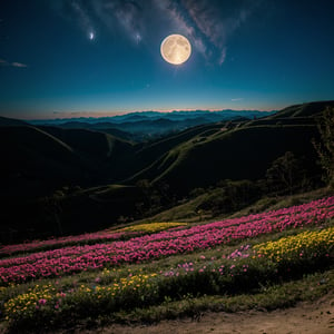 A surreal landscape with brightly colored giant flowers growing on a rolling hill, with a starry sky and a full moon shining over an abandoned city in the distance.