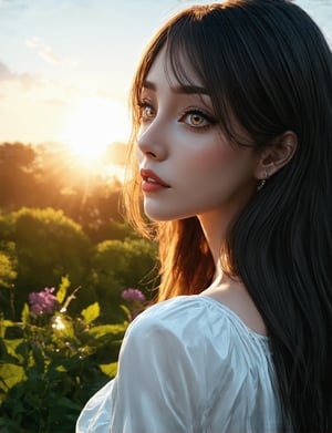 a beautiful girl in a garden, back view, long hair, wearing a white dress, looking at the sunset, detailed face, detailed eyes, beautiful detailed lips, extremely detailed face and eyes, longeyelashes, intricate floral patterns, lush vegetation, warm lighting, cinematic composition, vibrant colors, photorealistic, (best quality,4k,8k,highres,masterpiece:1.2),ultra-detailed,(realistic,photorealistic,photo-realistic:1.37),cinematic lighting,soft focus