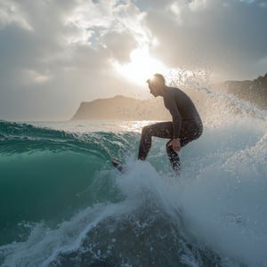 a surfer riding a large ocean wave, detailed water, crashing waves, dramatic sky, sun glare, splashing water, ocean mist, wet suit, dynamic pose, extreme action, (best quality,4k,8k,highres,masterpiece:1.2),ultra-detailed,(realistic,photorealistic,photo-realistic:1.37),dramatic lighting,cinematic composition,vibrant colors,epic scale