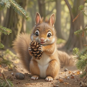  A little squirrel carried home with a pinecone with a cheerful expression