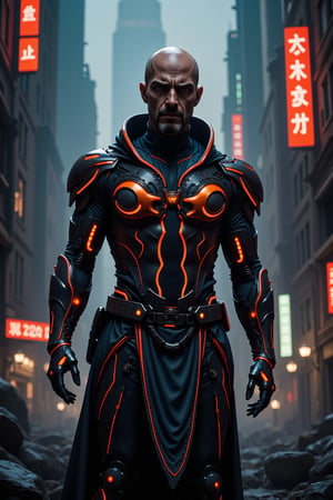 (best quality:1.3), (best performance:1.2), (best illustration:1.2), (Comic style:1.2), (artistic cinematic lighting:1.2) (1man) wearing futuristic technological Cyberpunk electronic robes, his body is covered by metallic parts, in a cinematic horror movie background in a futuristic Cyberpunk city.

