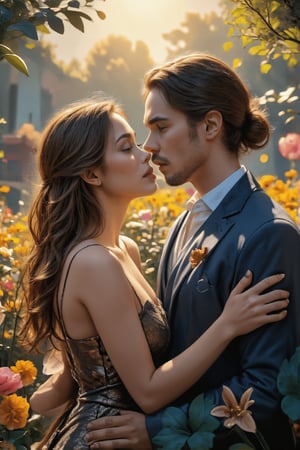 A tender moment unfolds in a lush garden setting, where a woman's lips meet those of a man amidst a kaleidoscope of colorful flowers. Soft sunlight filters through the blooms, casting dappled shadows on their faces as they share a romantic kiss. The gentle rustle of petals and leaves provides a serene backdrop for this intimate scene.