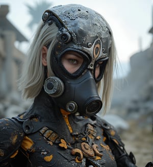 (masterpiece:1.2,high quality), 1girl, ((ultra realistic details)), global illumination, shadows, Unreal Engine, octane render, 8k, ultra sharp, metal, intricate, ornaments detailed, highly intricate details, yellow eyes, (mechanical body:1.2), white hair, (black gas mask), Gear, bob cut, hundreds of wires, Terran, (Robot, android:1.15), Apocalypse, broken buildings