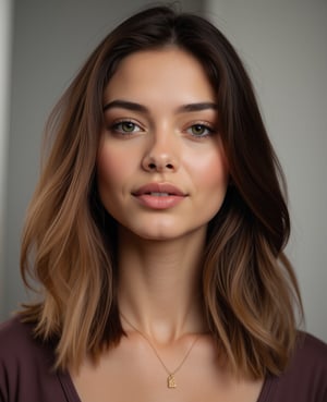 portrait of a confident, beautiful young woman. her shoulder length brown hair frames her face. natural beauty. beautiful green and brown eyes. catchlights in the eyes. full lips. The image has a neutral color tone with natural light setting. f/5.6 50mm, close-up, sharp focus, (Best Quality:1.4), (Ultra realistic, Ultra high res), Highly detailed, Professional Photography