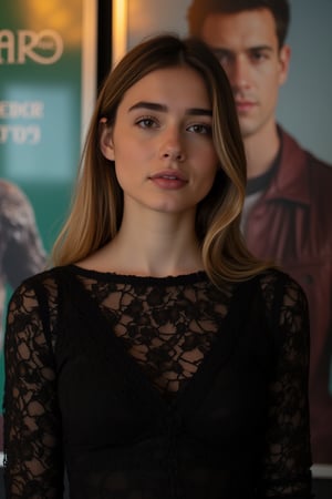  A young woman stands confidently against a movie poster backdrop, her gaze directed straight at the camera, exuding an air of confidence and allure, She wears a black top with a lace pattern, her features softly highlighted by even lighting, Off-center placement draws the viewer's eye towards her, while a subtle hint of a man in the background adds depth to the scene, The movie poster suggests a possible movie theater setting, 