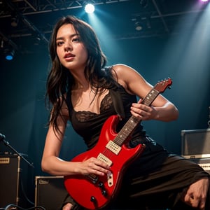  A guitarist performing on stage, detailed portrait, hyperrealistic, octane render, 4k, 8k, best quality, masterpiece, photorealistic, highly detailed, dramatic lighting, dynamic pose, electric guitar, rock concert, crowd, stage, amplifier, fog machine, cinematic camera angle,JeeSoo