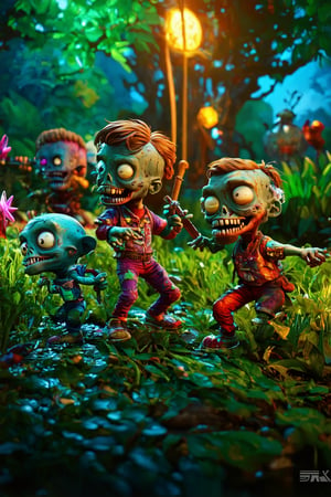 a lush garden, cute cartoon zombies, a battle scene, vibrant colors, 3d rendering, volumetric lighting, dynamic composition, highly detailed, intricate background, playful and whimsical atmosphere, (best quality,4k,8k,highres,masterpiece:1.2),ultra-detailed,(realistic,photorealistic,photo-realistic:1.37),fantasy,concept art