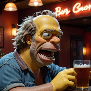 A drunk Homer Simpson sitting at a bar, overweight beer belly, slouched posture, messy hair, 5 o'clock shadow, holding a beer glass, neon bar lighting, smoke-filled room, grunge bar interior, warm color tones, realistic detailed rendering, highly detailed, cinematic lighting, photorealistic, 8k