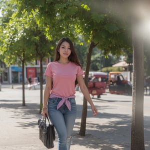 A vision flow of a beautiful woman walking down a street, her pink t-shirt and faded blue jeans illuminated by the sun, a red car passing in the background, and a world of shimmering light.