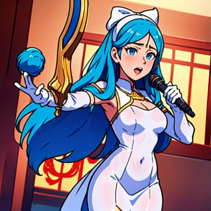 1girl, highres, masterpiece, solo, anime, absurdres, detailed face, perfect eyes, azura (fire emblem), upper body, full body, white dress, jewelry, white gloves, cityscape, holding, staff, singing