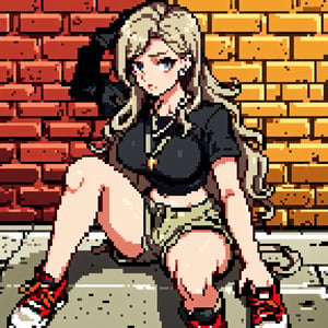 French girl,grey blonde hair(very long hair, curly_hair),hiphop dancer,wearing all black clothes (short sleeves loose fit top and cargo pants),sneakers, sitting at red brick wall(graffiti ),accessories(necklace,ear_rings),Best Quality, 32k, photorealistic, ultra-detailed, finely detailed, high resolution, perfect dynamic composition, beautiful detailed eyes, sharp-focus, cowboy_shot, 