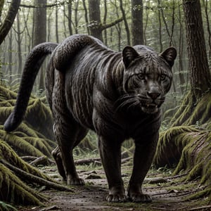 panther in forest, detailed panther, detailed forest, (best quality,4k,8k,highres,masterpiece:1.2),ultra-detailed,(realistic,photorealistic,photo-realistic:1.37),HDR,UHD,studio lighting,ultra-fine painting,sharp focus,physically-based rendering,extreme detail description,professional,vivid colors,bokeh,wildlife,nature,lush vegetation,sunlight filtering through trees,dramatic lighting,powerful predator,alert and focused expression,muscular body,prowling stance,dense undergrowth,fallen leaves,moss covered rocks
