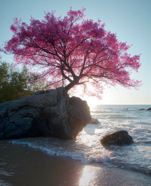 an amazing pink tree on a rock on the beach, in the style of realistic depiction of light, passage, faith-inspired art, abandoned spaces, light-filled scenes, immersive environments, flower and nature motifs --ar 14:25