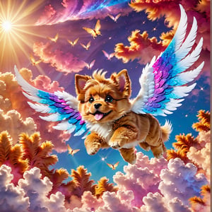 A cute fluffy puppy dog flying through the sky, adorable puppy with wings, beautiful detailed eyes, beautiful detailed nose, beautiful detailed mouth, extremely detailed face, longeyelashes, ultra realistic, photorealistic, 8k, best quality, masterpiece, vibrant colors, glowing golden fur, fluffy soft fur, detailed feathered wings, majestic, serene sky background, sunlight shining, volumetric lighting, cinematic lighting, warm color palette, magical, fantasy, whimsical