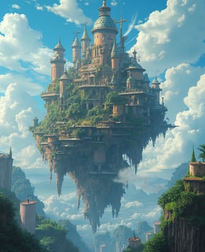 super detail, high details, high quality, 8k, Miyazaki style, a steampunk-style city floating in the sky, clouds and diverse architecture, exuding mystery and technology --v 6