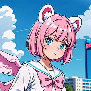 skistyle, 1girl, solo, pink hair, animal ears, blue eyes, wings, looking at viewer, bangs, short hair, bow, sailor collar, white sailor collar, hair bow, pink bow, closed mouth, shirt, white shirt, bear ears, bob cut, mini wings, portrait, detached wings, makeup, upper body, city in background