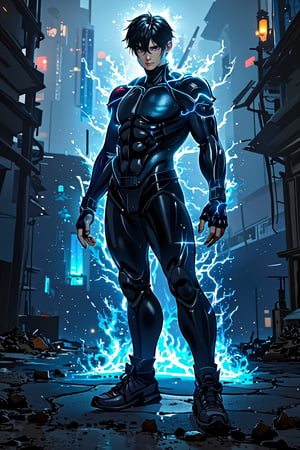 (1 young man in soul body with blue and black lightning particles emitting around it), 3D rendering, movie special effects, movie lighting, city in ruins, clear HD, 8K resolution, very detailed, digital painting, concept art, Shinkai Makoto style, pop popularization trend, pop, pop trend, pop trend on pixiv.