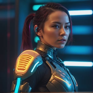a woman in a tight combat suit, high tech futuristic sci-fi bodysuit, intricate detailed armor plating, advanced tactical gear, advanced military technology, futuristic cyberpunk style, neon color lighting, glowing elements, action pose, dynamic motion blur, cinematic lighting, photorealistic, 8k, highres, ultra-detailed, masterpiece