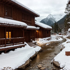 house in a mountain, river big, rocks with snow, sharp focus, insane detailed, 8k. 50-mm-lens