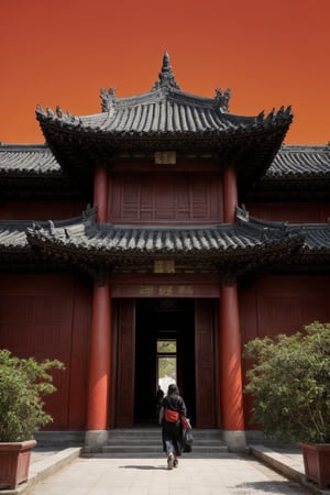 A painting depicting a person walking, with very detailed Chinese classical doors and plants, a mysterious background, layered sky, red and black, backlight, traditional Chinese landscape style, new tradition, Eastern style, James Turrell, plants are the history of Nagai, Fan Kuan's style, eerie reality, and cunning. I can't believe how beautiful this is. Symmetrical composition, grand scale, strong use of negative space, facing up, Single point perspective, realistic ultra details, 8k, high-definition