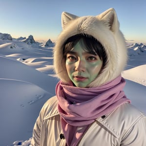 Style-NebMagic, portrait of Ismail Inceoglu, Gazelli, James jean, Anton Fadeev and Yoshitaka Amano, a fluffy cute Arctic fox wearing a Style-SylvaMagic scarf in the snow, very detailed, 8k resolution, digital art, trending on artstation, Vibrant Colours, Chibi style, masterpiece, adorable friendly lovely